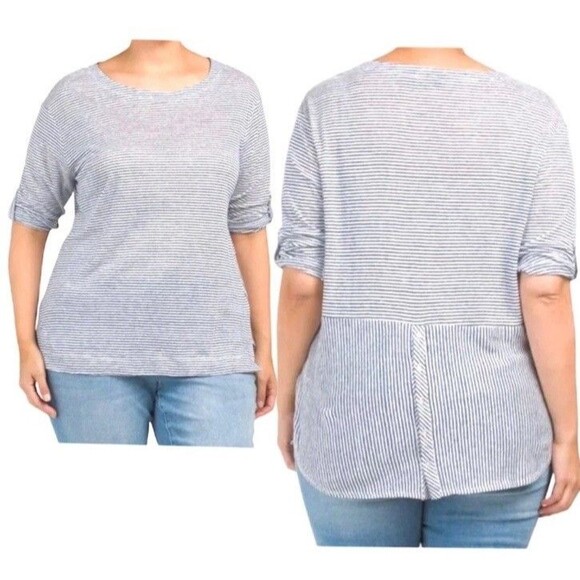 Adrienne Vittadini Linen Blouse Size 2X Black and Grey Stripes Half Sleeves - Picture 9 of 9